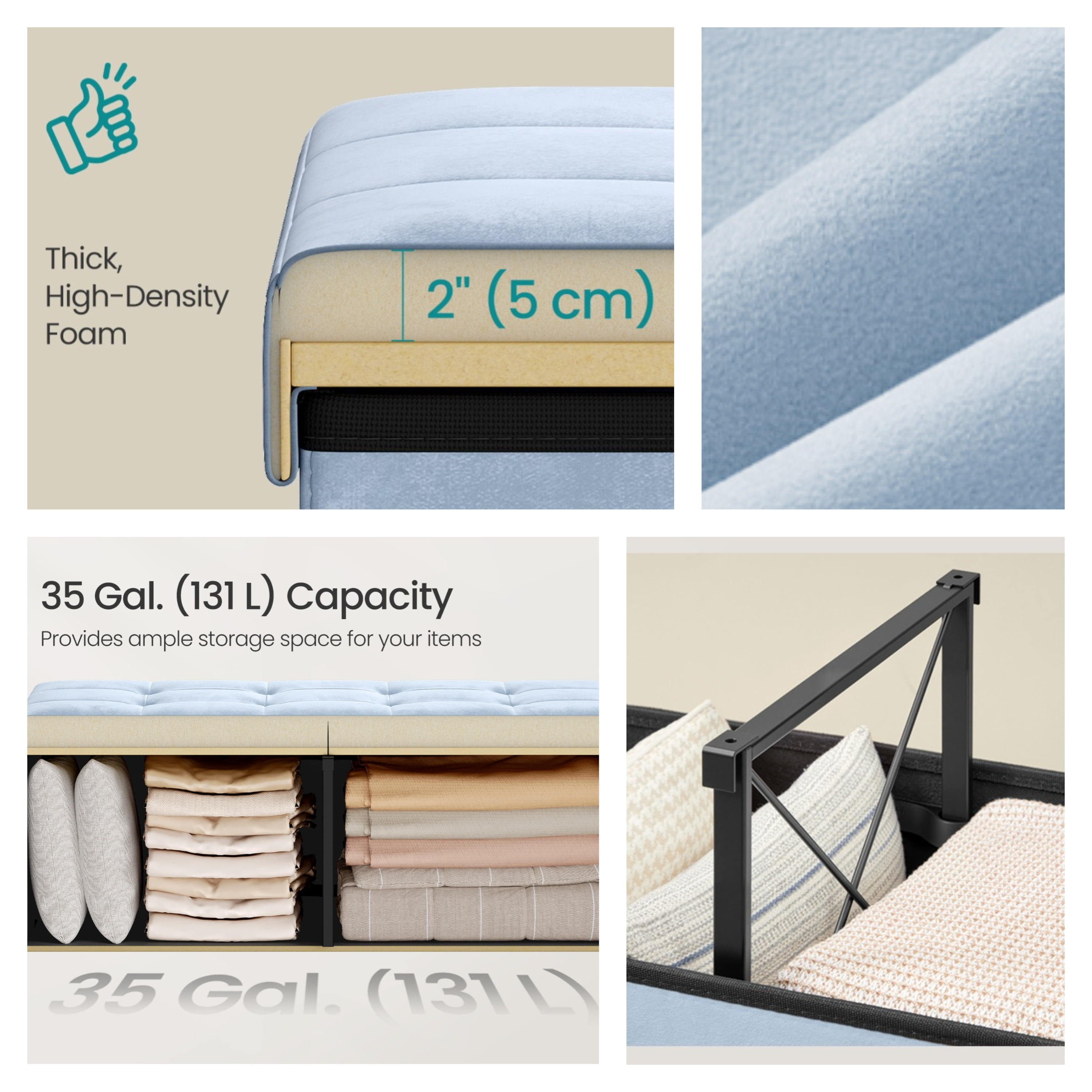 LEDREM 43" Storage Ottoman Bench with Flipping Lid, Foldable MDF Seat with Divider, 660 lb Capacity for Entryway, Living Room, Bedroom, Velvet Footstool, Pale Blue