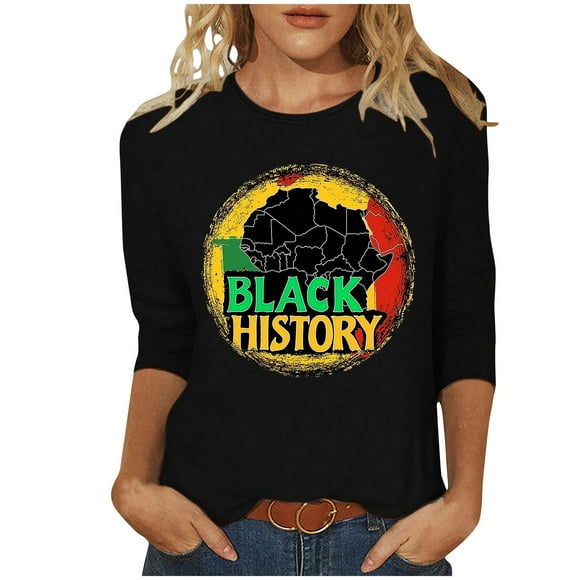 ZVAVZ Womens Tops Summer 2025,Ladies Black History Tunic Tees 3/4 Sleeve Round Neck Pullover Balck History Attire Blouse Tops Flash Sale Black 3XL