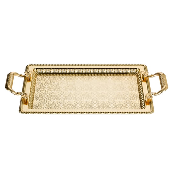 Decorative Rectangle Embossed Serving Tray with Gold Handles, Anti Tarnish Serving Metal Tray, Embossed Design Service Tray, Ottoman Pattern, Large, 20.5" x 12.6", Gold, Silver