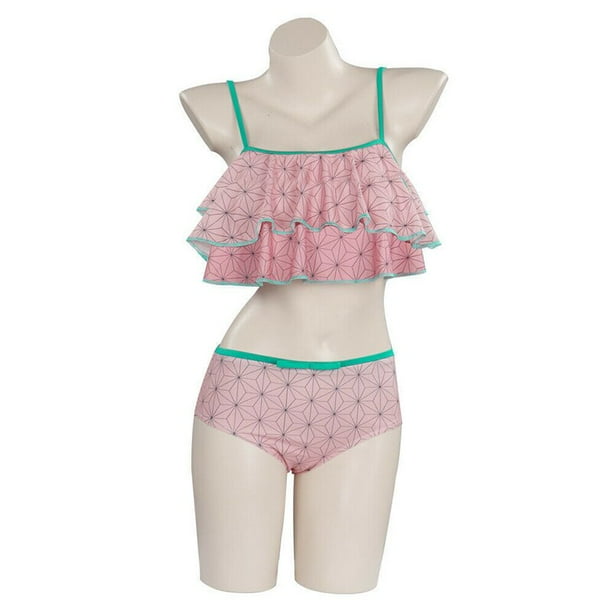 Disfraz de Anime Demon Slayer para mujer y niña, traje de baño Sexy de Agatsuma Zenitsu, Kamado, Nezuko, Kanroji, Mitsuri, Bikini para playa
