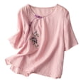 thumbnail image 1 of Top de manga corta de lino vintage holgado bordado para mujer - Blusa informal con cuello en V, 1 of 3