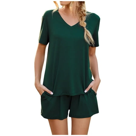 

Womens Summer Pajamas Sets Short Sleeve V Neck T Shirts and High Waist Loose Shorts PJs Lounge Sets with Pockets