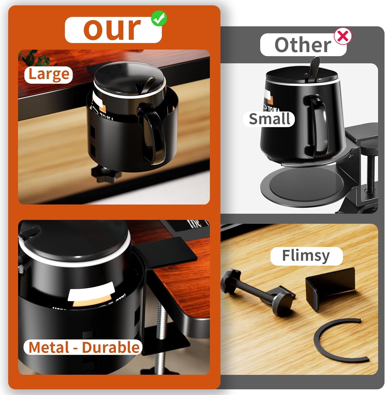 Upgraded Large Desk Cup Holder Clamp, Anti-Spill Table Cup Holder, Metal Office & PC Gaming Desk Accessories, Compatible with Universal Cup, Bottles, Pencil Holder (Black)