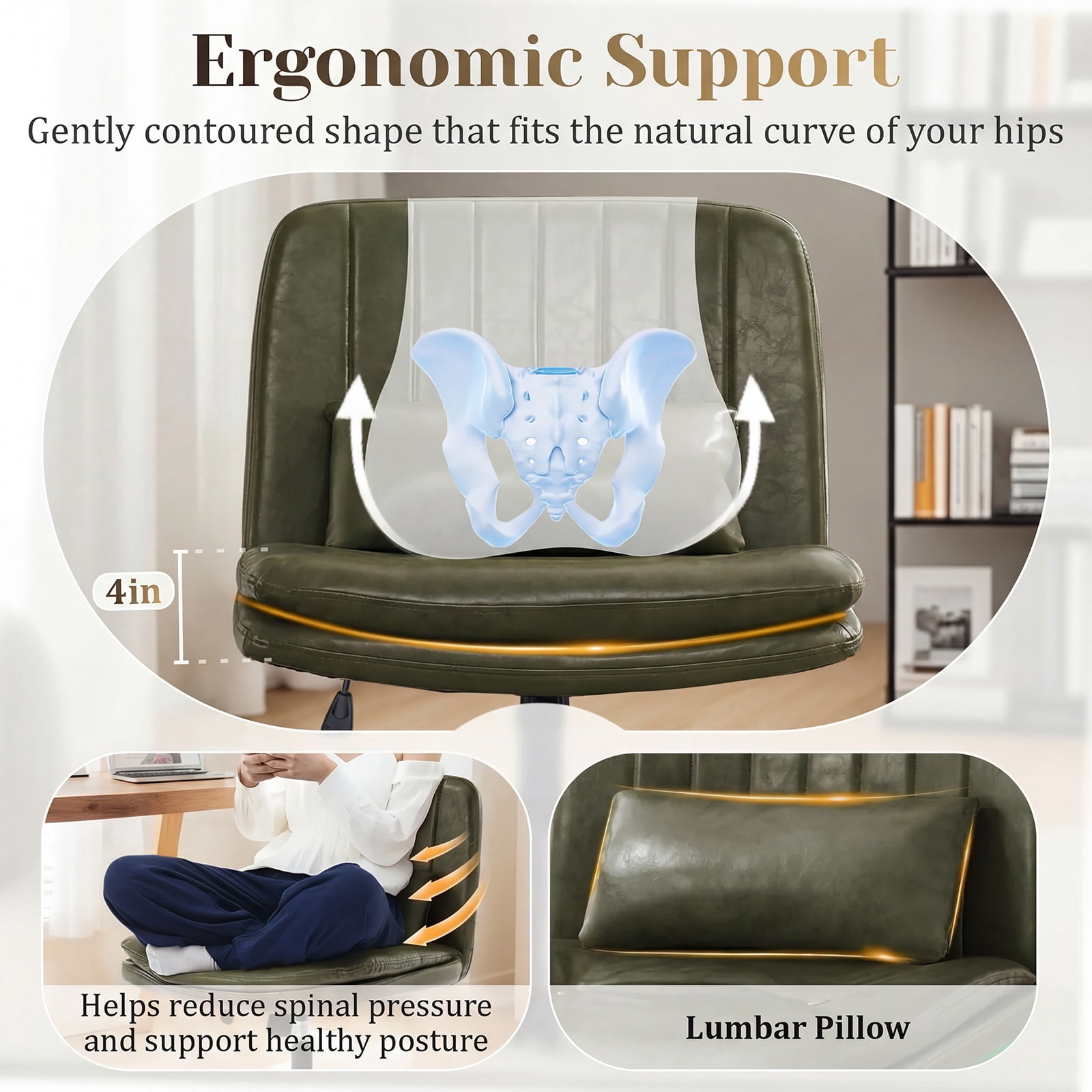 IPKIG Small Armless Criss Cross Chair, Adjustable Swivel PU Leather Office Desk Chair with Lumbar Support Pillow for Home, Makeup Vanity, Green