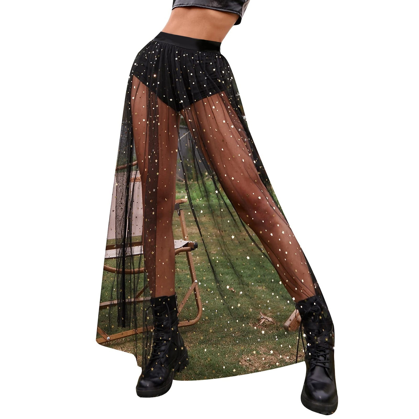 Women's Sheer Mesh Skirt See Through A Line High Waist Maxi Skirt