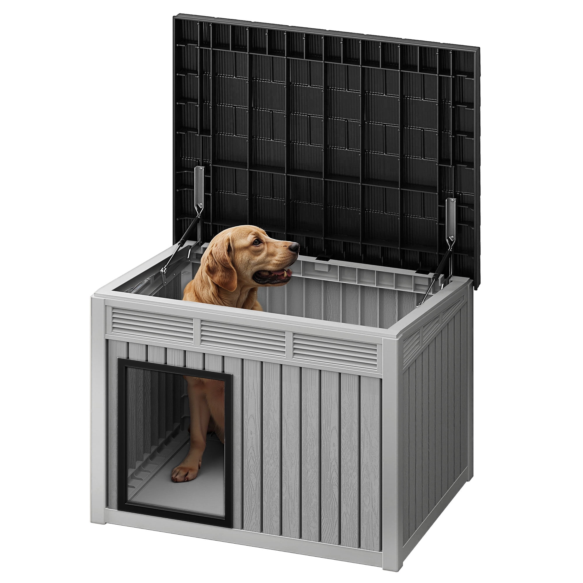 Uforic 32" Plastic Dog House, Outdoor Indoor Dog Kennel with Liftable Roof & Good Ventilation for Medium Dogs, Gray