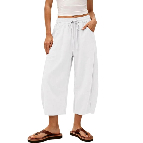 Linen Barrel Capri Pants for Women Drawstring Wide Leg Cotton Cropped 2026 Casual Summer Boho Baggy Palazzo Trousers White S