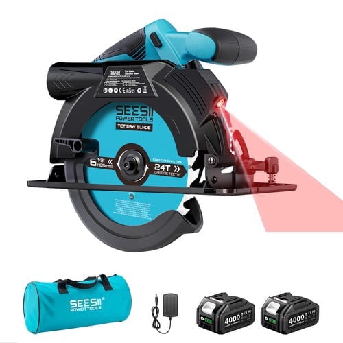 Seesii 6-1/2" Cordless Circular Saw ,5200 RPM Electric Compact Saw with Laser and Rip Guide for Precise Wood Cutting,Max Cut Depth 2-1/4"(90°),1-7/16" (45°) 2x 4.0Ah Batteries and Charger