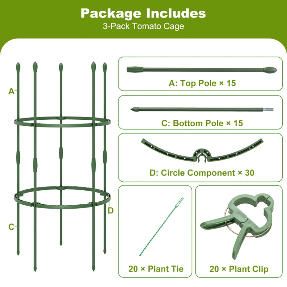 GVN 3-Pack Garden Trellis 40"/60" Tall Plant Support Stands with Clips and Ties-S, Tomato Cages Trellises for Garden for Raised Garden Bed and Pots, Plant Cages & Supports