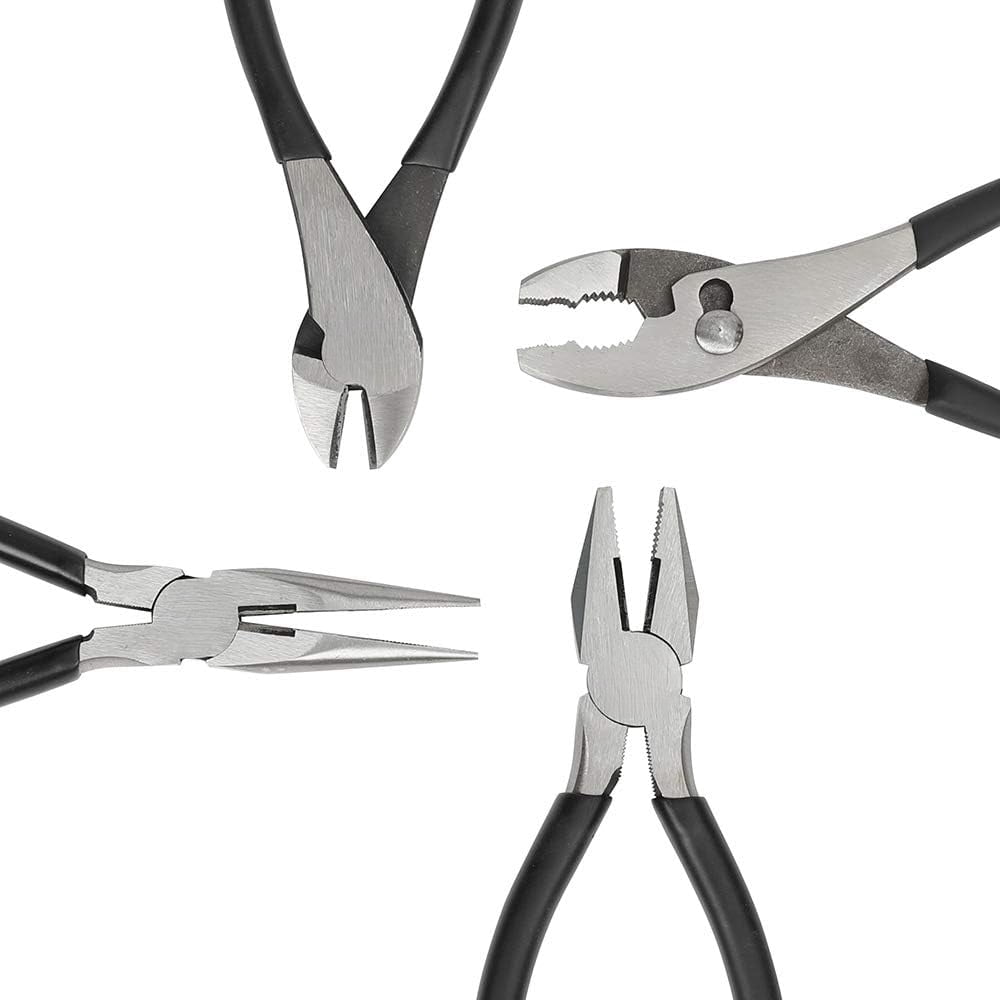 Pliers Set, Hand Tools for Precision, Cutting Wire Cutter with Needle Nose and Diagonal, Quality Tool Set for Home Maintenance, Set of 4, Black and Silver