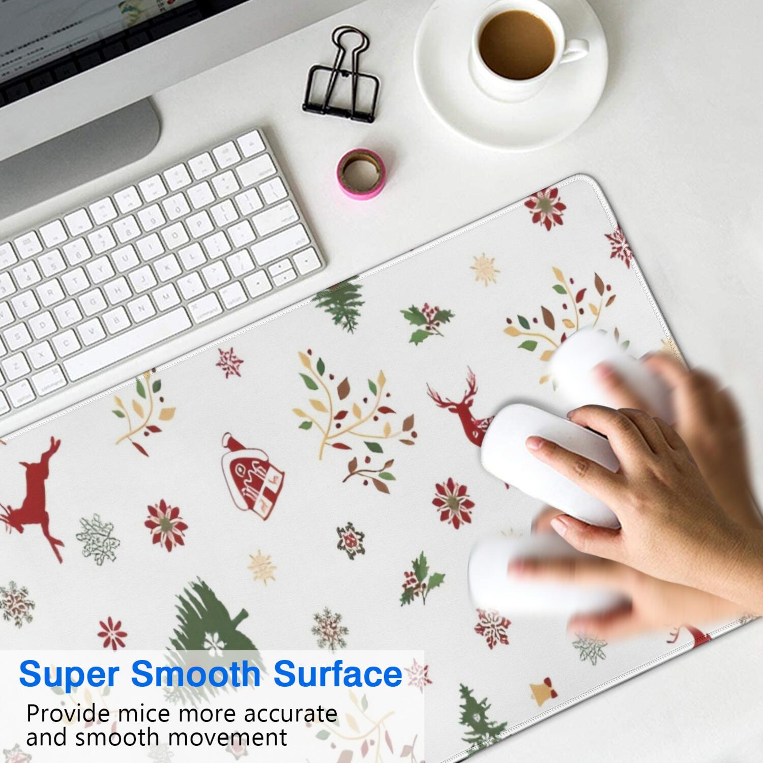 Long Mouse Pads for Desk,White Christmas Reindeer Pattern Desk Mats on Top Of Desks, Desk Mouse Pad Extra Large with 3mm Non-Slip Base and Stitched Edge for Gaming,Office,Work,Home 35.4x15.7in