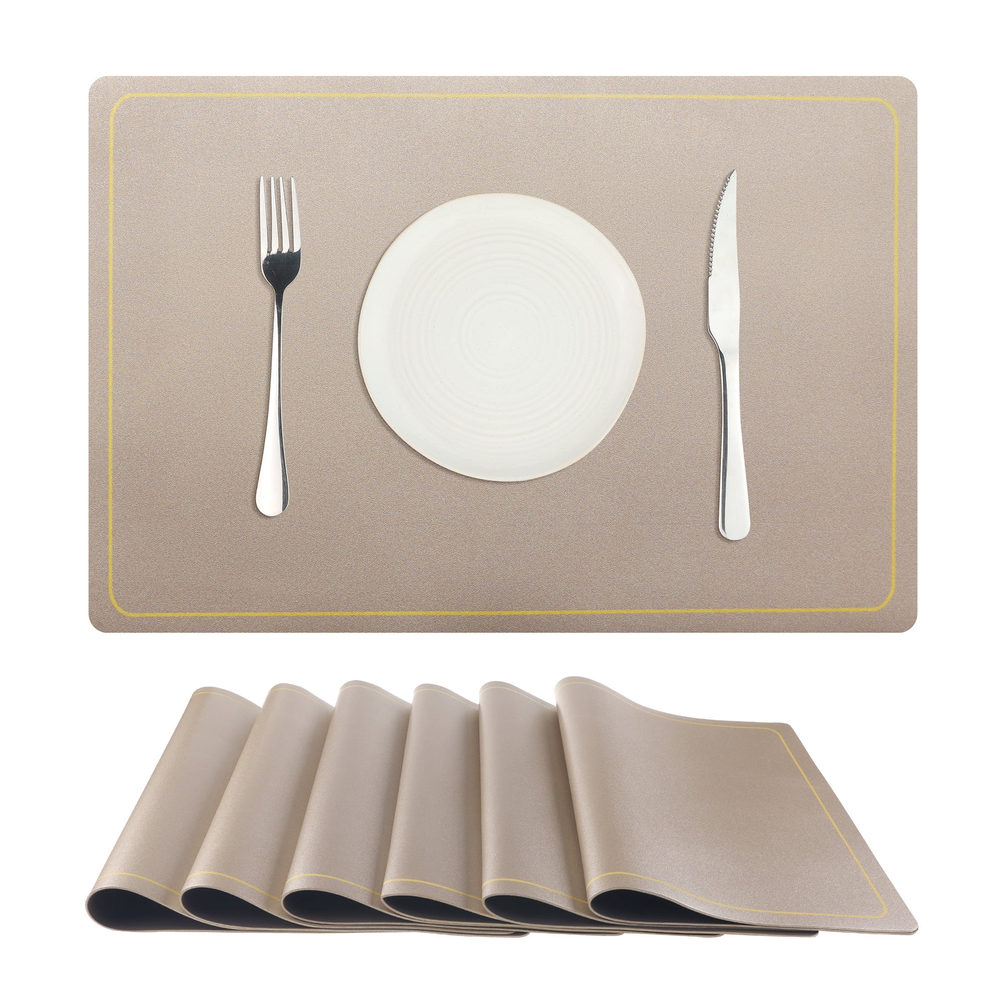 Unique Bargains Set of 6 Heat Resistant Faux Leather Placemats for Kitchen Dining Room Champagne