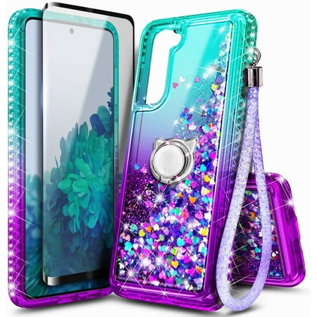 Nagebee Case for Samsung Galaxy S21 5G, S21+ Plus 5G, S21 Ultra 5G with Screen Protector (Soft Full Coverage), Sparkle Glitter Liquid Bling Diamond [Ring Holder & Wrist Strap] Women (Aqua/Purple)