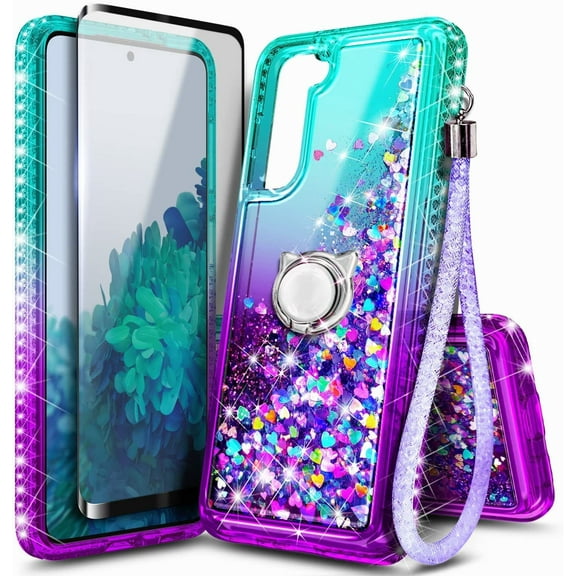 Nagebee Case for Samsung Galaxy S21 5G with Screen Protector (Full Coverage HD Film) Ring Holder/Wrist Strap, Girls Women Liquid Bling Sparkle Glitter Cute Phone Cover (Aqua/Purple)