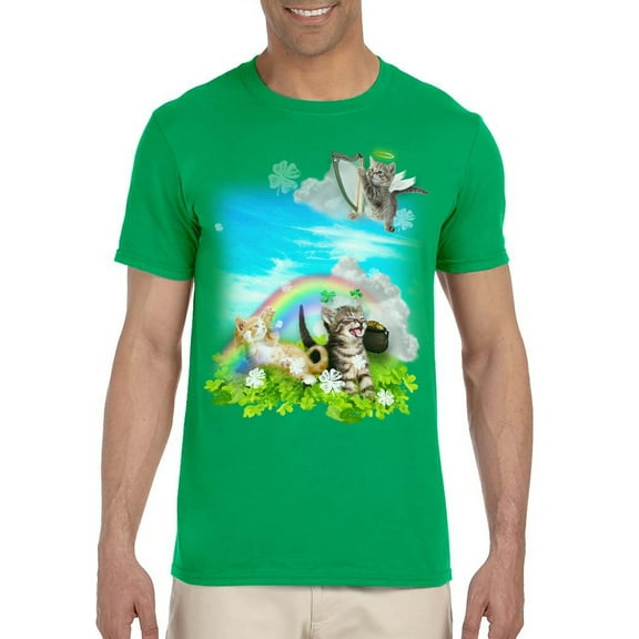 St. Patrick's Day Men's Shirt Green Rainbow Angel Kittens Adult T-Shirt