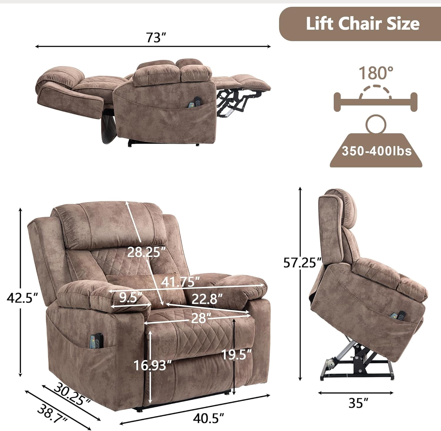 Big Man Power Lay Flat Lift Chair Oversized Recliner Dual Motor Heat Vibration for Elderly, Overstuffed Electric Extra Wide Recliners with Flip Arm Storage Cup Holders,USB Type C Charging