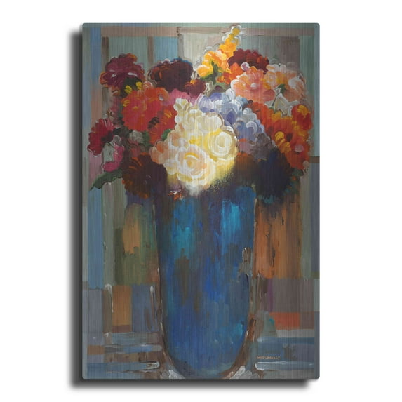Luxe Metal Art 'Flowers in a Blue Vase' by Hooshang Khorasani, Metal Wall Art, 24"x36"