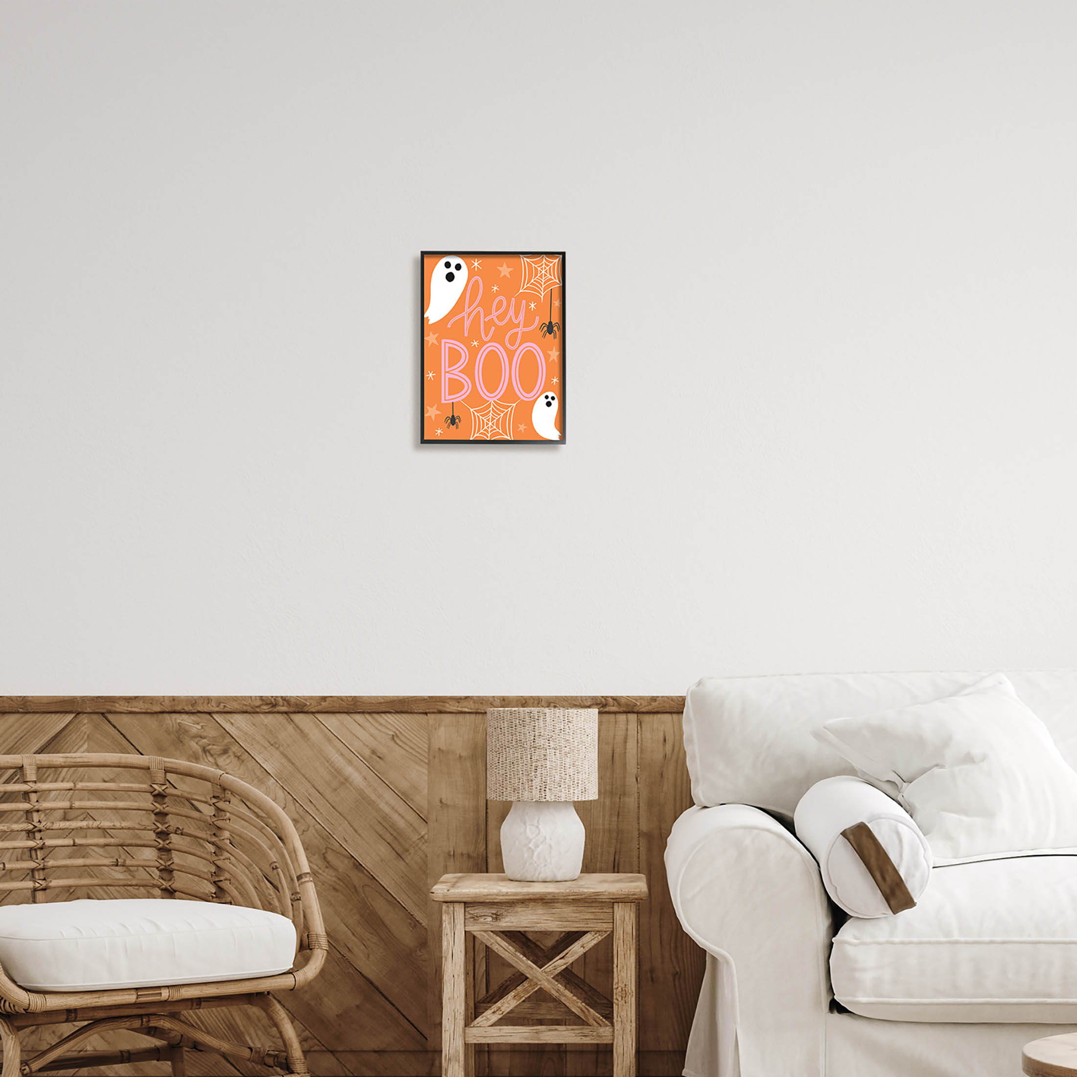 Hey Boo Orange Halloween Ghosts Holiday Graphic Art Black Framed Art Print Wall Art