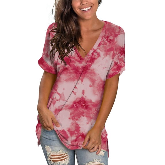 QLEICOM Women's V Neck Short Sleeve T Shirts, Tie Dye Gradient Color Drop Tail Hem Relaxed Fit Tees, Basic Tunics Tops, Fashion Plus Size Tees & Blouses for Women S-5XL