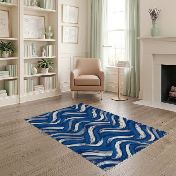 ODIKA Abstract Brushstroke Interlocking Wave Motif Accessories Navy Long Refined Stain Resistant Low Profile for Dorm Room, Small Living Apartment