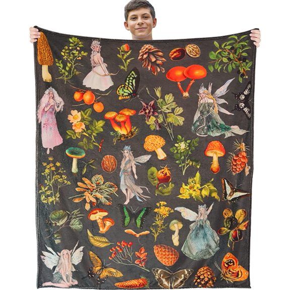 Fairy Blanket, Vintage Forest Fairies Flannel Fleece Throw Blanket for Adults Kids, Dark Wild Forest Mushrooms Butterflies Blanket for Bed Sofa Couch , Dark Fairycore Home Decor