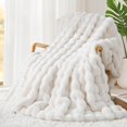 thumbnail image 2 of Luxury 1000GSM Faux Rabbit Fur Throw Blanket, Super Heavy Warm Cozy Grey Blankets for Couch Bed Sofa, Ruched Plush Fuzzy Elegant Soft Reversible Mink Blanket for Living Room Bedroom, Blue, 2 of 10