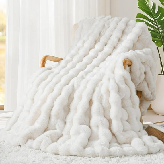 Luxury 1000GSM Faux Rabbit Fur Throw Blanket, Super Heavy Warm Cozy Blankets for Couch Bed Sofa, Bubble Plush Fuzzy Elegant Soft Reversible Mink Blanket for Living Room Bedroom, Cream White