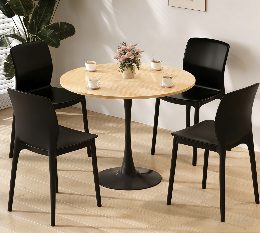 31.5" Round Dining Table, Modern Kitchen Table with MDF Top and Cylindrical Metal Base, Mid Century Coffee Table for Dining Room, Living Room, Apartment, Natural