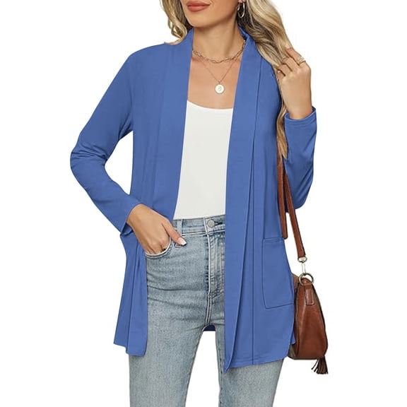 Guieoi Jackets for Women Winter Lightweight Long Length Women's Solid Color Long Sleeve Casual Tops Blouse with Pocket Cardigan Coat Blue Black*Friday/Cyber*Monday Clearance