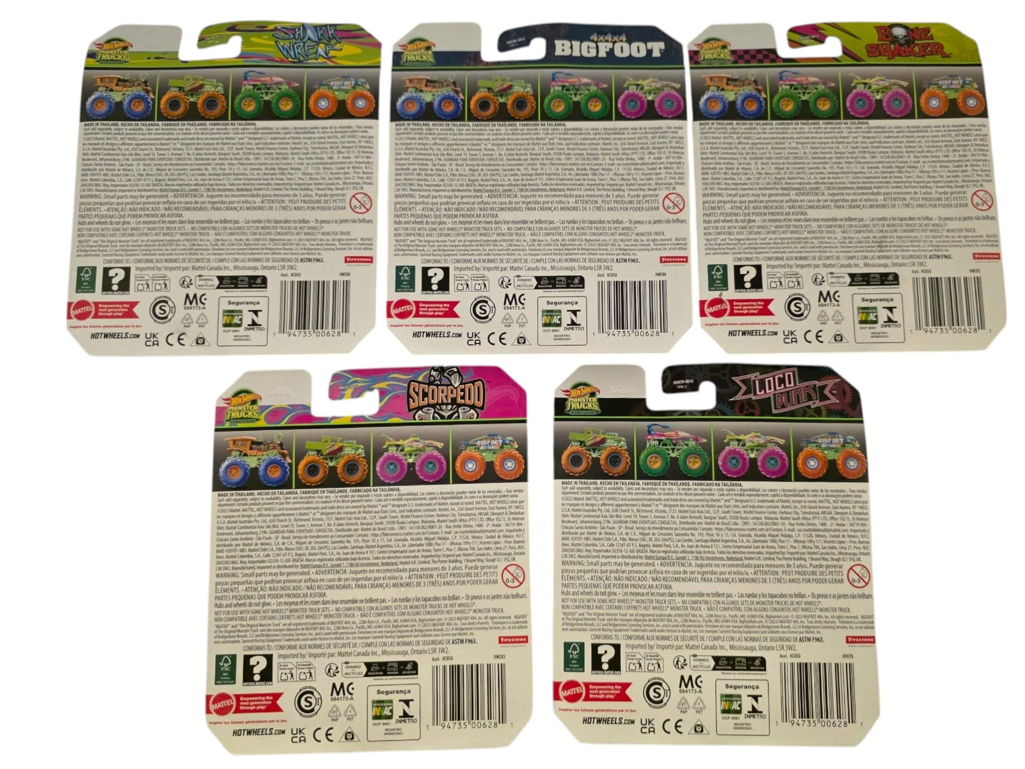 Hot Wheels Monster Trucks Glow in The Dark Collection, 5-Pack Set, Shark Wreck, Bigfoot, Bone Shaker, Scorpedo, Loco Punk