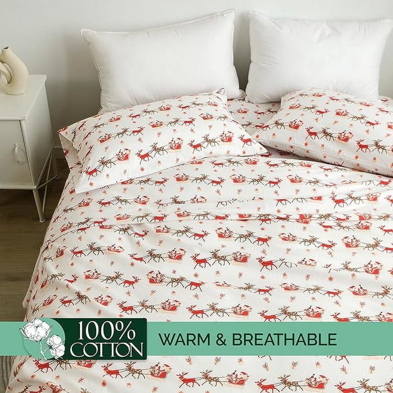 North Pole King Size Flannel Sheet Set – Red Hollyberry Christmas Print, 100% Cotton