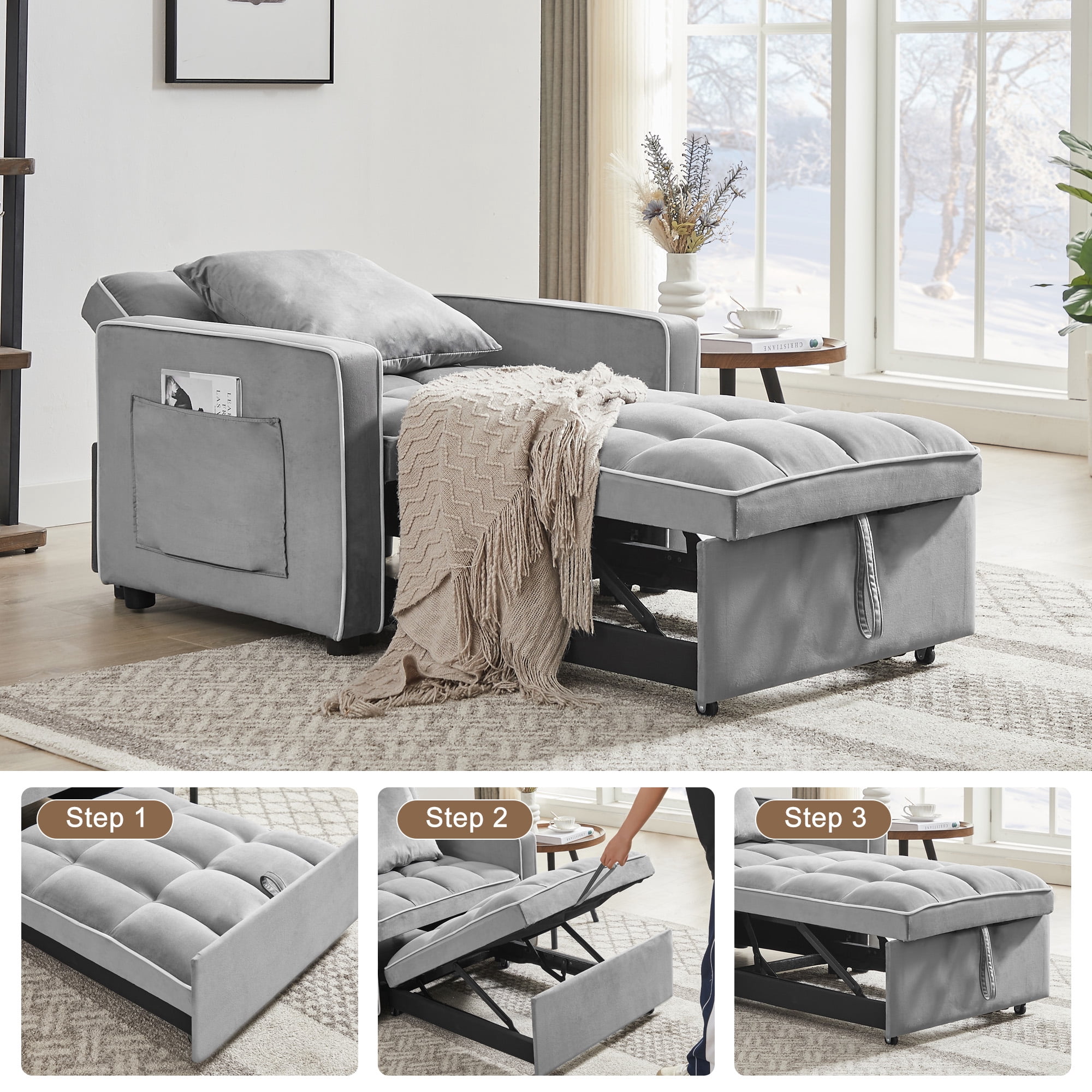 Aukfa Sleeper Chair Bed, Convertible Pull Out Sofa Bed for Living Room Apartment, Gray