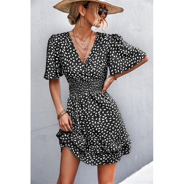 Femmes Dot Robe Motif V-Cou Volant Robe Casual Rue Sexy Style Robe Taille Enveloppe Robe Femmes Robe d'Été