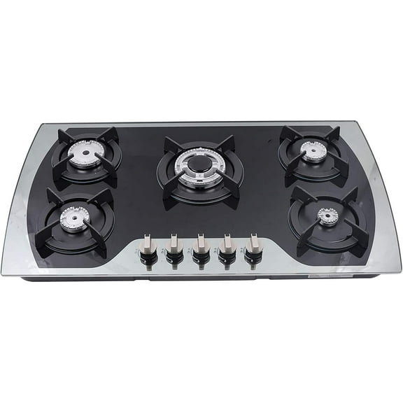 Gas Cooktop 36'' Gas Stove Top with 5 Burners, Built-In Gas Hob Suitable for Dual Fuel LPG/NG, Tempered Glass Stovetop Cooker for for Kitchen, Home, Apartments, RVs, Easy To Clean