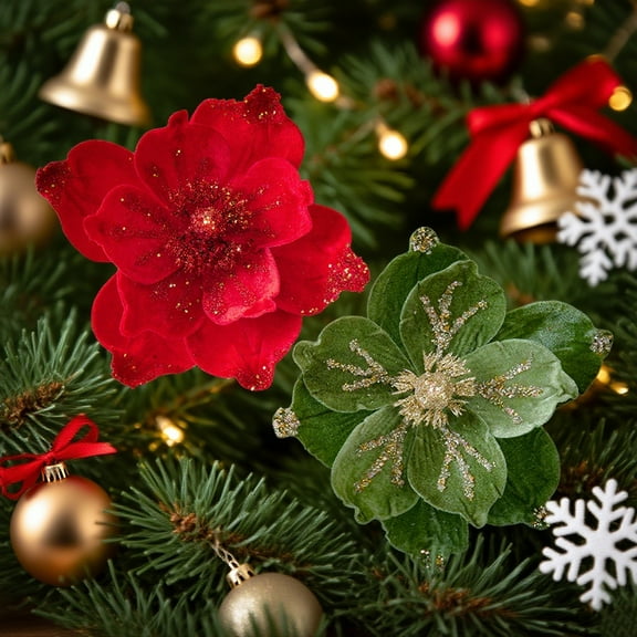 tasrioml Artificial Poinsettia Flower Picks Velvet Glitter Magnolia Flower with Stem Christmas Tree Ornaments for Xmas New Year Party Wedding Holiday Decor