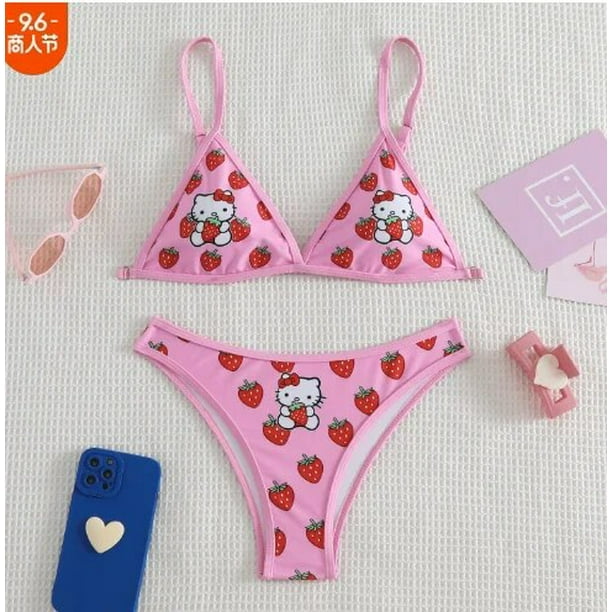 Sanrio-Conjunto de Bikini de Hello Kitty para playa, traje de baño de 2 piezas con estampado de dibujos animados Y2K, bragas suaves con tiras laterales, Bikini Sexy Kawaii