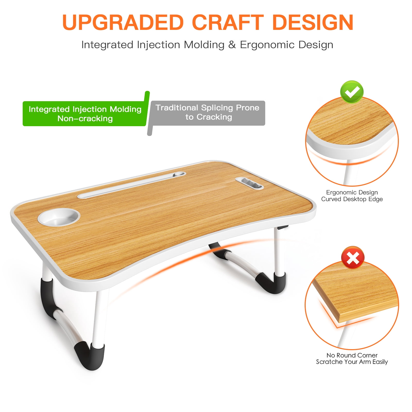 PHANCIR Lap Desk with Handle, 23.6" Foldable Wood Laptop Desk Nonslip, Durable Edge with Slots Cup Holder & Drawer, for Home Reading Writing Eating & On-the-Go Use, Walnut