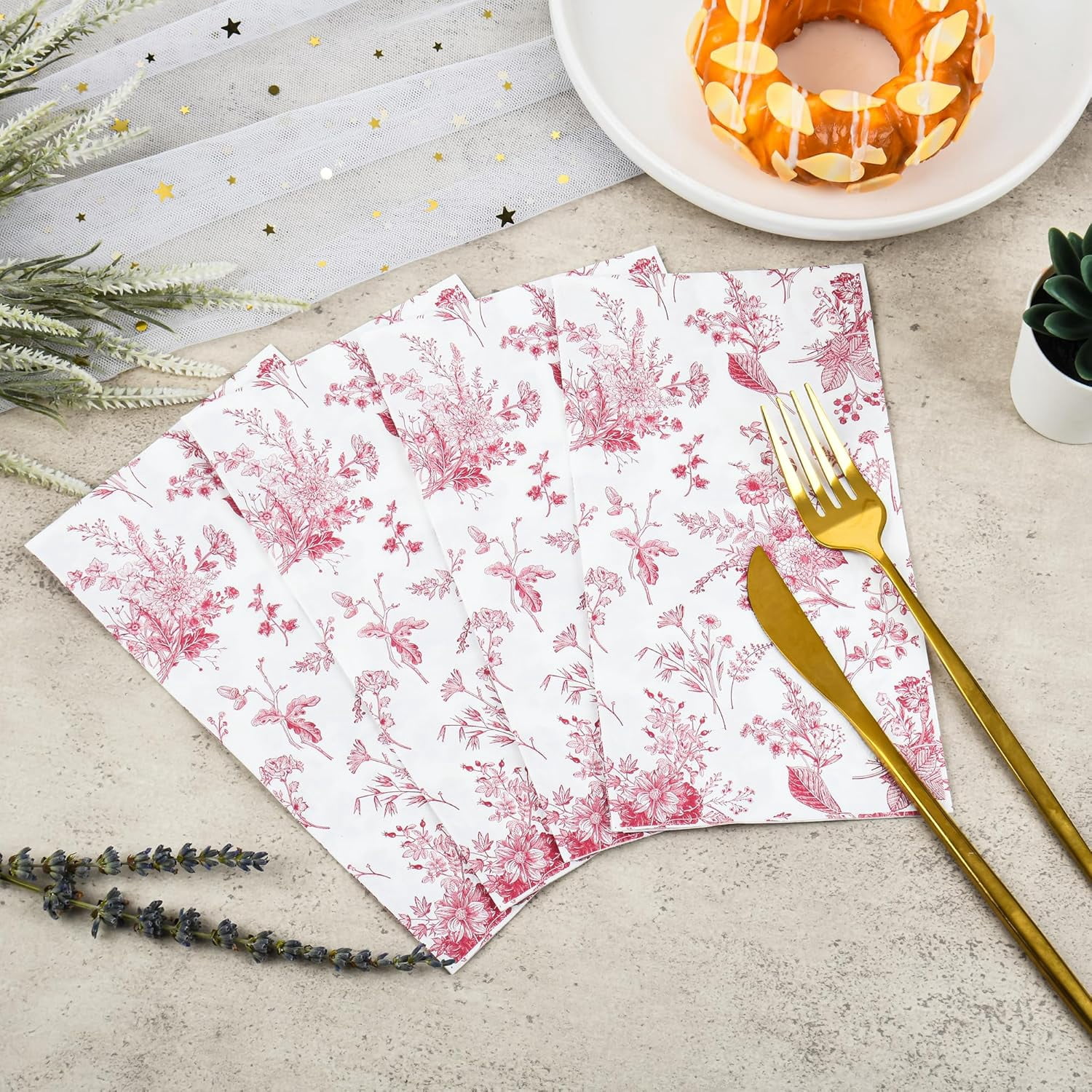 100 Floral Guest Napkins Red White Toile Disposable Paper Napkins Flower Bathroom Hand Towels for Tea Party Christmas Bridal Baby Shower Party Supplies (Red)