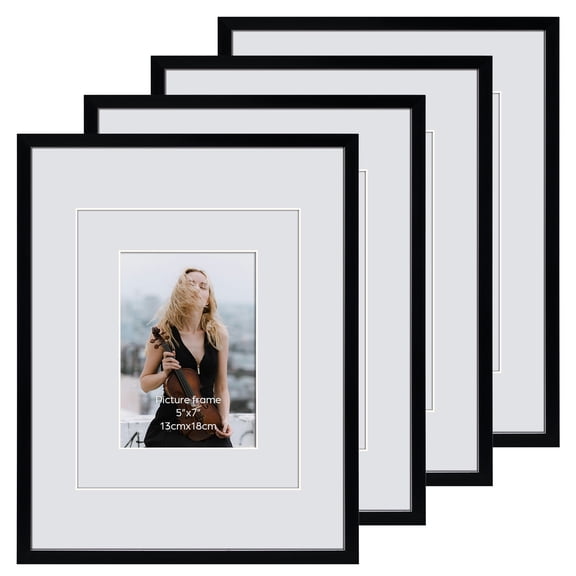 11x14 Black Picture Frame with Double White Mat Set of 4, for 5x7 to 11x14 Photos