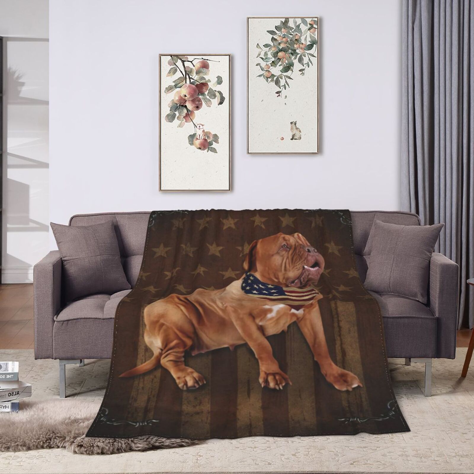 Wijzvio Dogue De Bordeaux Dog With Vintage American Flag Throw Blanket Soft Fuzzy Fleece Blanket For Couch Bed Living Room Decoration 50"X40"