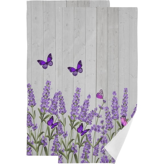 Purple Lavender Butterfly Hand Towels for Bathroom Set of 2 Country Wood Plank Face Towels Microfiber Rustic Floral Kitchen Towels Decorative Bathroom Towel for Gym Shower Guest 14" x 28"