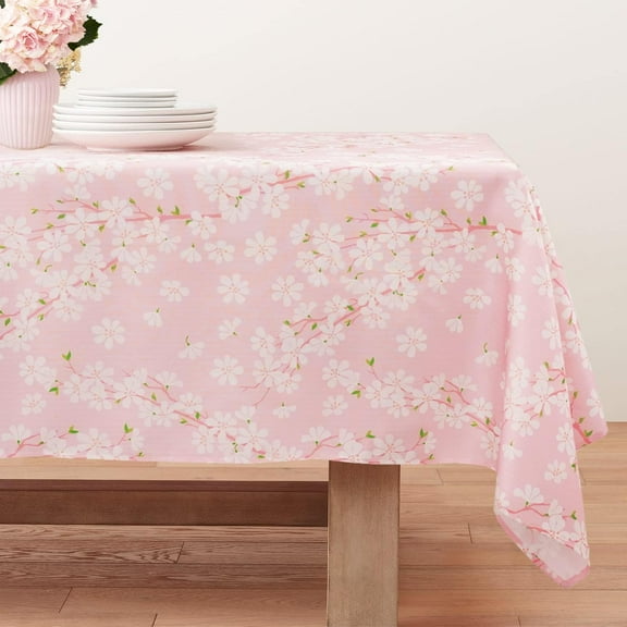 Pink Sakura Tablecloth Pink Floral Flowers Print Rectangle Table Cloth Spring Summer Waterproof Wrinkle Free Tablecloth 60 X 120 Inch