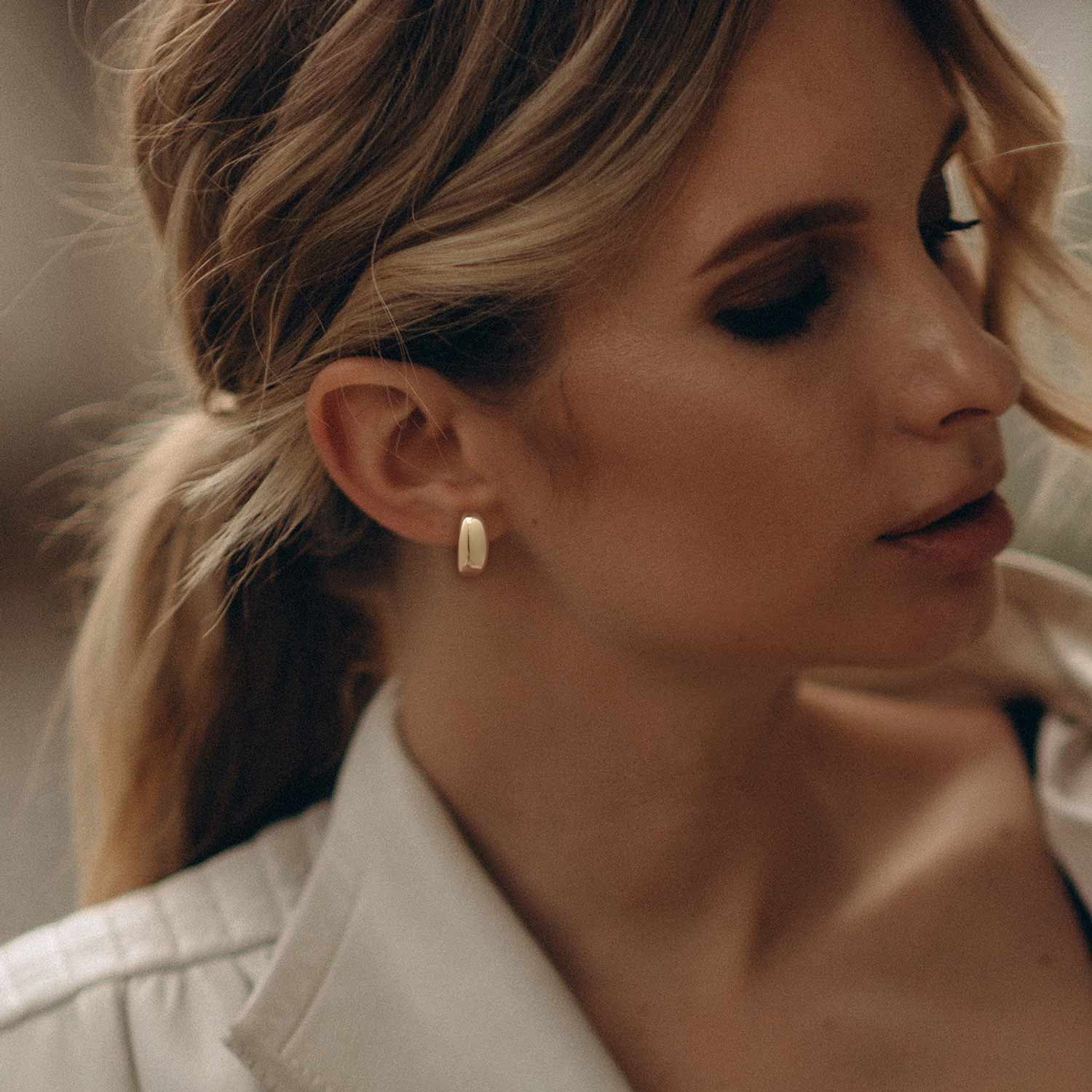 14K Gold Hoop Stud Earrings for Women Thick Gold Stud Earings 13.5mm Glossy Half Hoops 14K Gold Plated Stud Earrings for Women