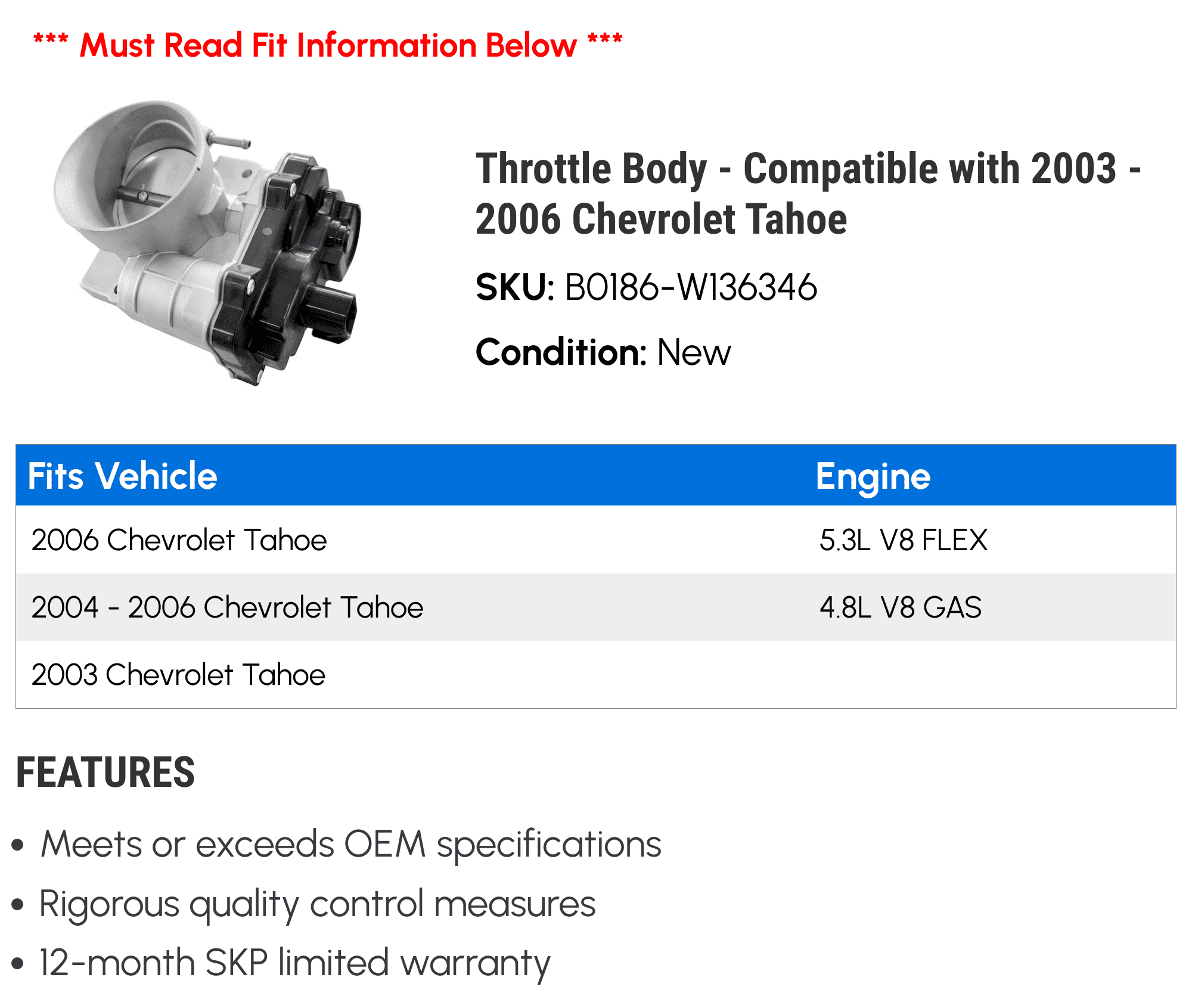 Throttle Body - Compatible with 2003 - 2006 Chevy Tahoe 2004 2005
