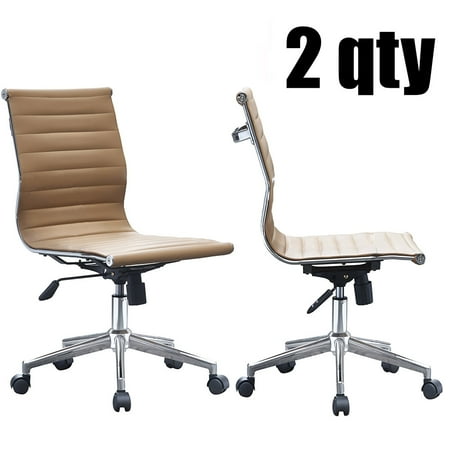 2xhome - Set of 2 Tan - Office Chair Ribbed Modern Ergonomic Mid Back Armless No Arms PU Leather Eames Office Chairs Task Swivel Tilt Arms Conference Room