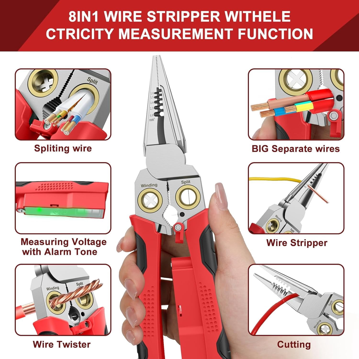 Pro 8-in-1 Wire Stripper/ with  Tester & Dual Alarms - Heavy Duty 12-250V  Electrical Tester for Hot/Neutral Wires - Electrician, HVAC,  Repair Tool (Red)