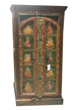 Mogul Antique Armoire Ganesha Hand Painted Bohemian Cabinet Hand Carved UNIQ Indian Decor