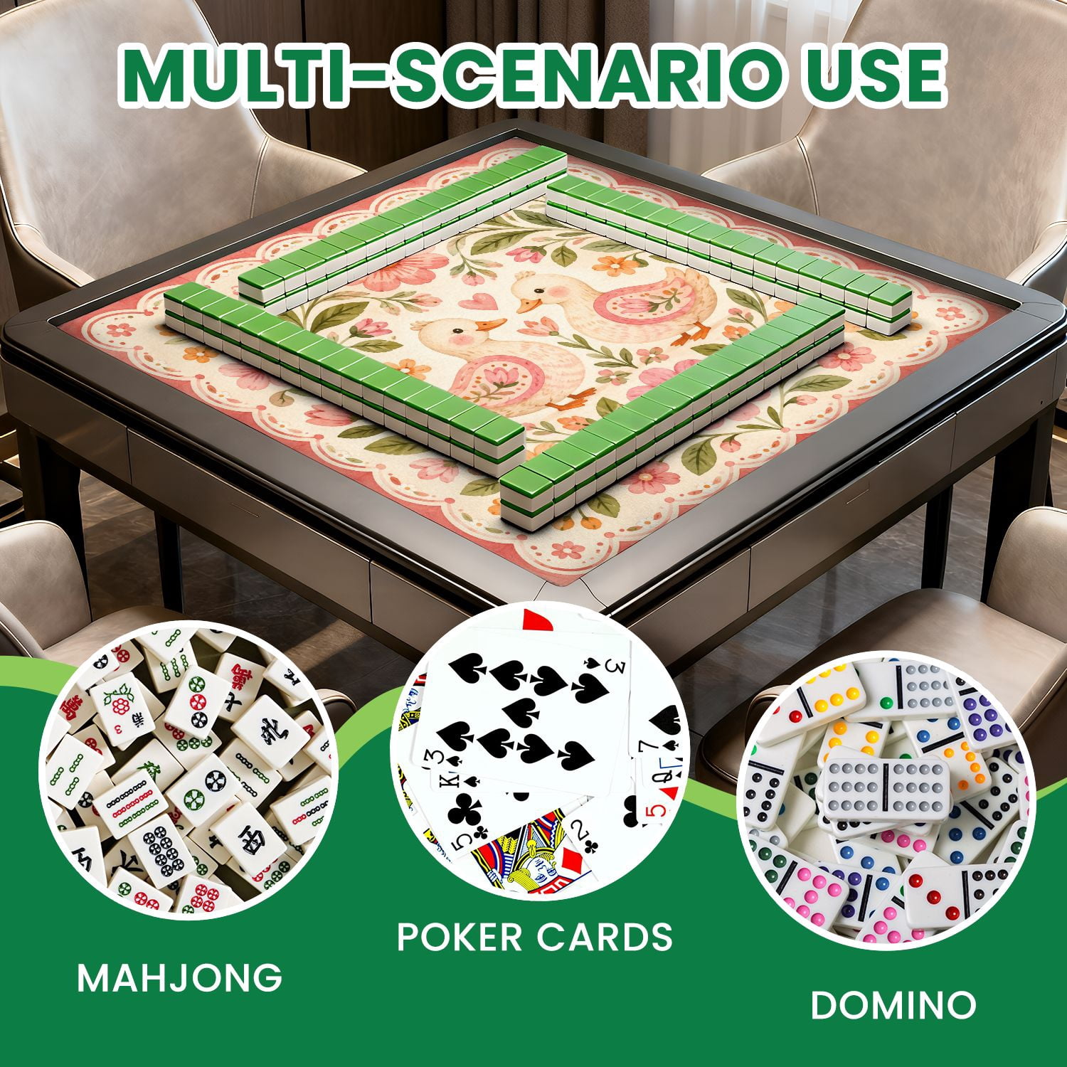 Mahjong Mat 31.5" x 31.5" Folk Art Ducks Pink Flowers Green Leaves Non-Slip Noise Reduction Mahjong Tiles Table Cover for Dominoes Poker Card Board and Tile Games