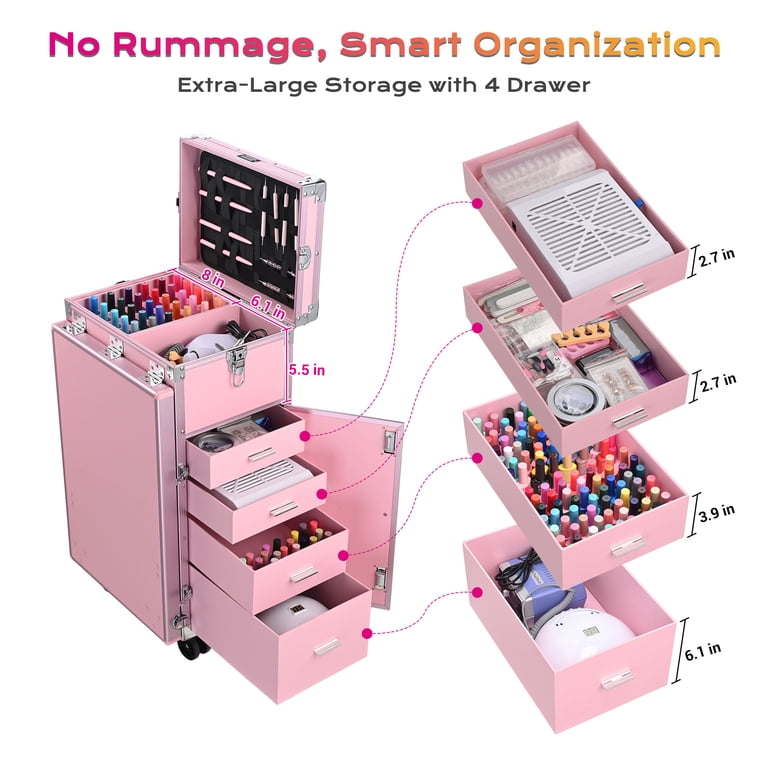 Byootique Portable Pink Trolley, Makeup Train Case, Nail Desk