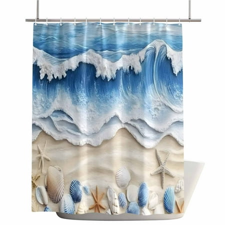 Shower Curtains for Bathroom-72"x72",Summer Coastal Ocean Blue Wave Waterproof Bath Curtain Grommet Shower Curtain Set with Hooks,Beach Marine Life Washable Bath Accessories